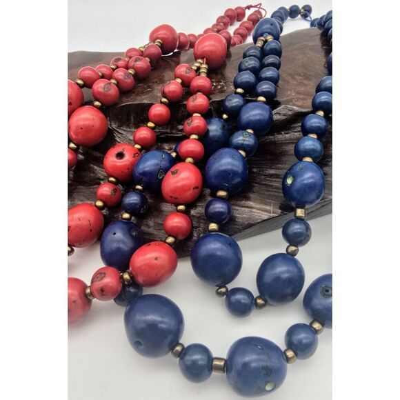 2~ Vintage Red/Blue Double Strand Necklace Organic Style Beads Brass Accents - Picture 1 of 16